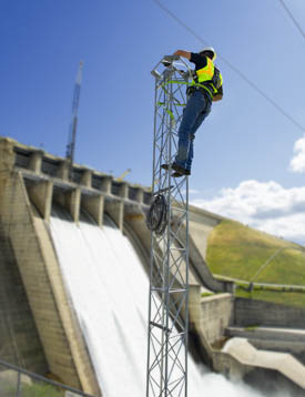 Employee on Security Tower Installing Cameras at Folsom Dam